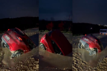 Otomobil bataklığa saplandı, sürücü son anda kurtuldu